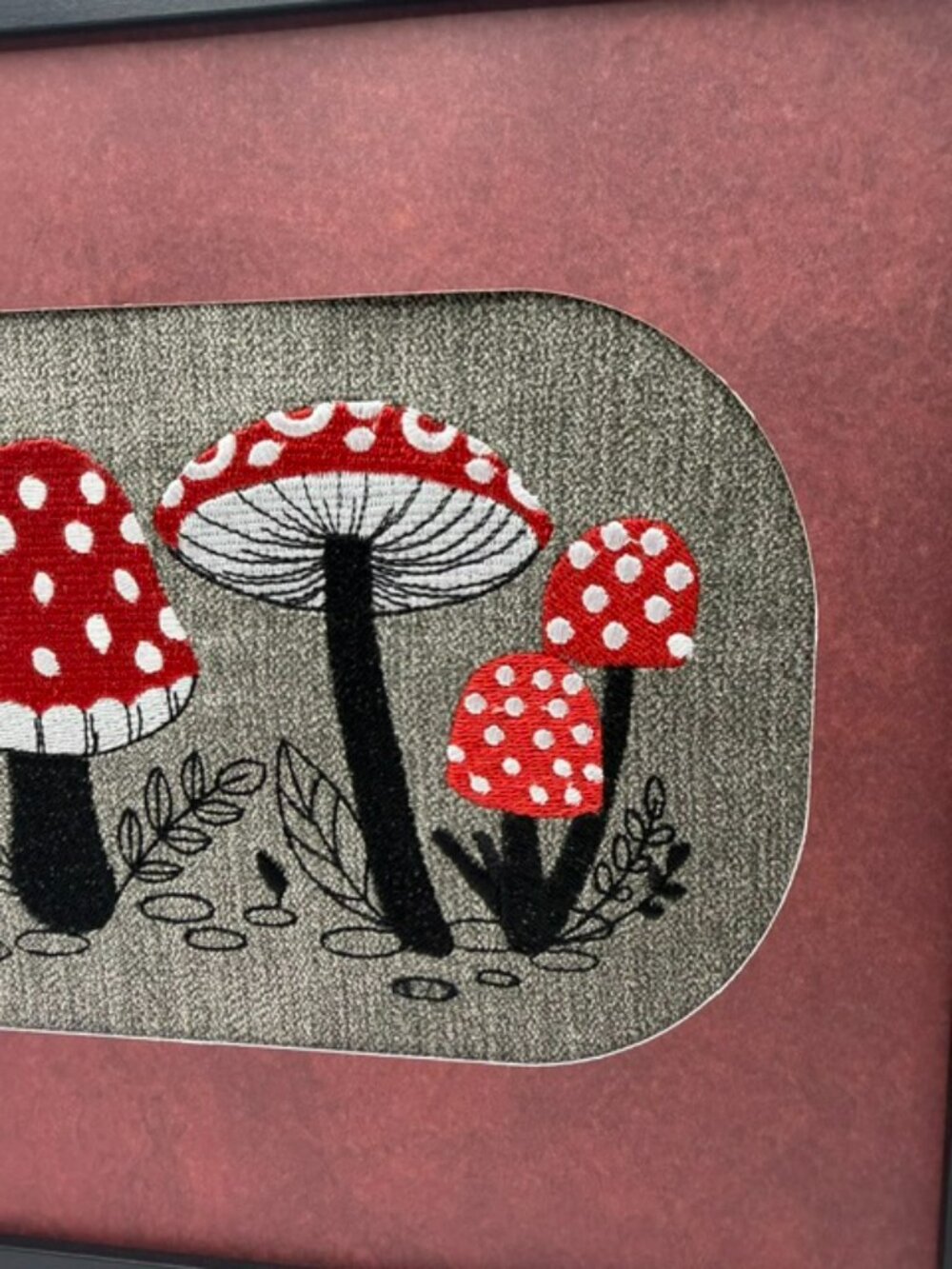 Homemade Red & Black Framed Mushroom Embroider Art - Picture 2 of 6